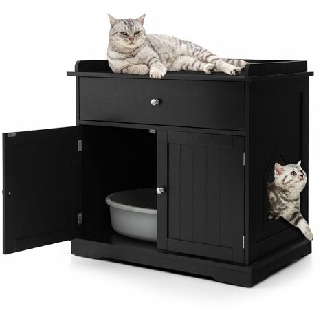 Large Wooden Cat Litter Box Cat House Kitten Hidden Washroom Toilet w/ Drawer