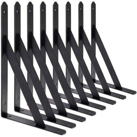 Largeight Équerre de fixation murale 200 x 120 mm Lot de 8 supports triangulaires en acier noir Capacité de charge 30 kg Antirouille et résistants