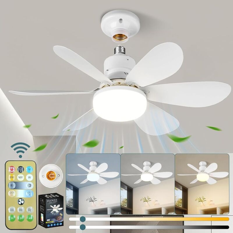 Largeight - Ventilateur Plafond, Ventilateur Silencieux Plafond, 40W Lampe Ventilateur Plafond avec Douille E27, 6 Pales, 3 Vitesses, Silencieux,