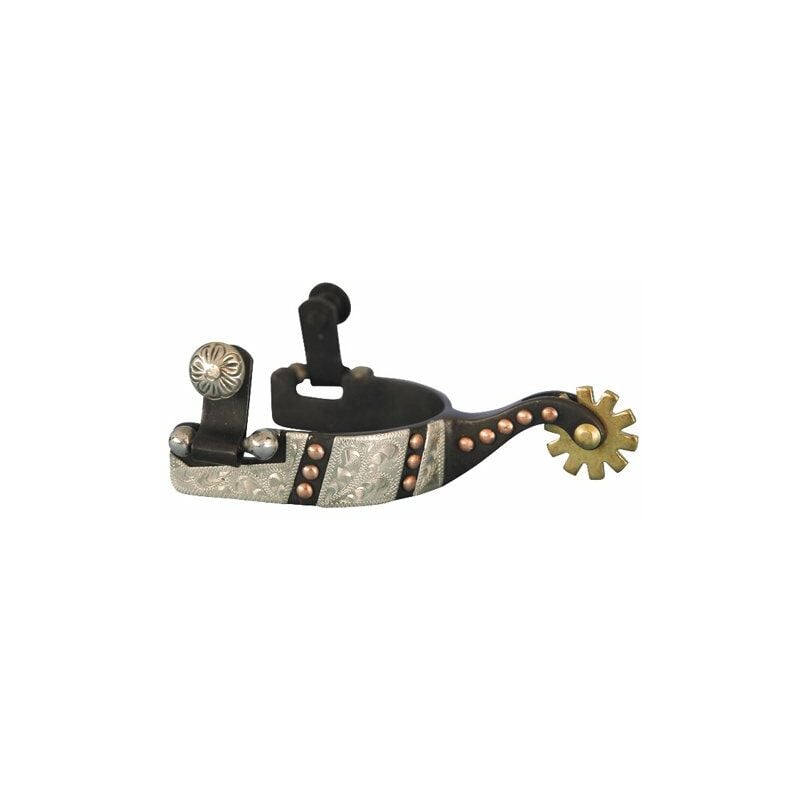 Amahorse - Larges éperons western en fer noir pour enfants avec décorations en argent, clous en cuivre et roue en laiton.
