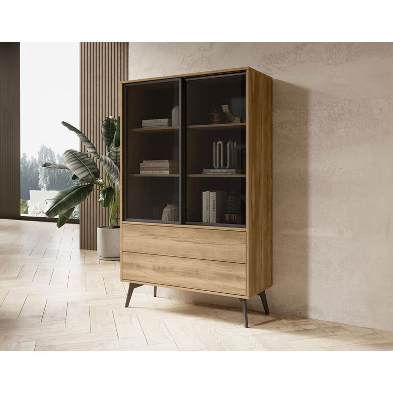 Bestmobilier - Larry - vitrine - 2 portes et 2 tiroirs - bois et métal noir - 144 cm - bois / noir