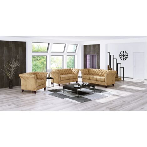 Larui - Chesterfield Polstergarnitur 3+2+1 aus Beige Samt-Stoff