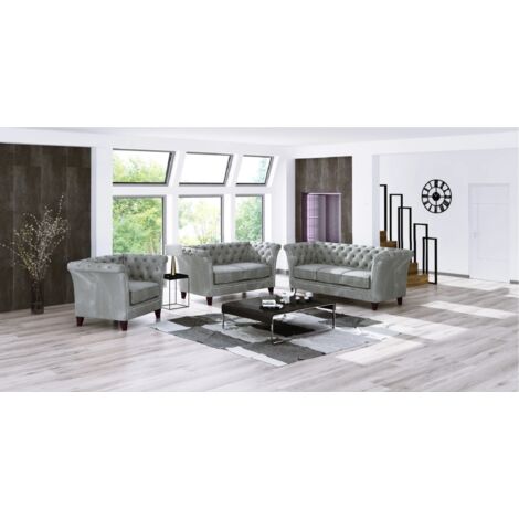 Larui - Chesterfield Polstergarnitur 3+2+1 aus Grau Samt-Stoff