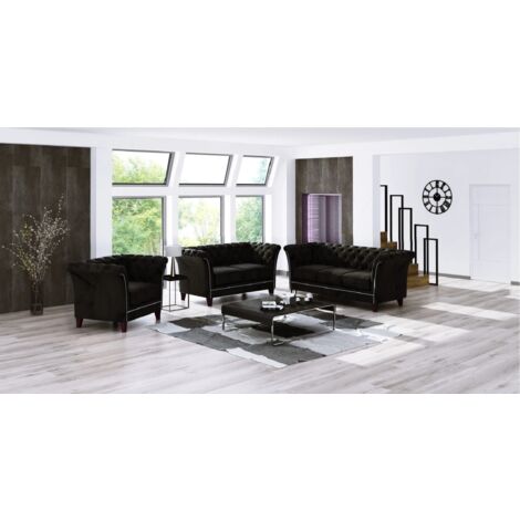 Larui - Chesterfield Polstergarnitur 3+2+1 aus Schwarz Samt-Stoff