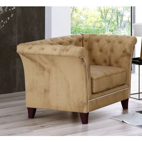Larui - Chesterfield Sessel aus Beige Samt-Stoff mit Holzfüßen