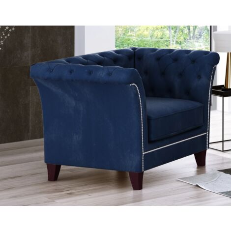 Larui - Chesterfield Sessel aus Blau Samt-Stoff mit Holzfüßen