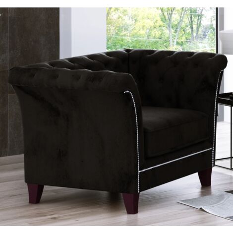 Larui - Chesterfield Sessel aus Schwarz Samt-Stoff mit Holzfüßen