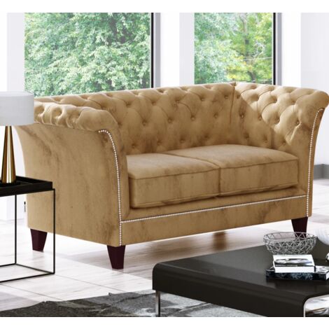 Larui - Chesterfield Sofa 2-Sitzer aus Beige Samt mit Holzfüßen