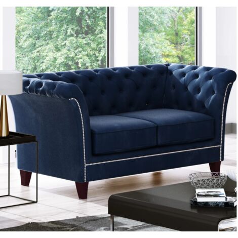 Larui - Chesterfield Sofa 2-Sitzer aus Blau Samt mit Holzfüßen