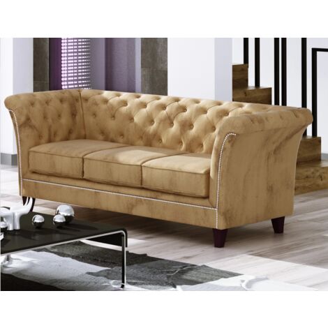 Larui - Chesterfield Sofa 3-Sitzer aus Beige Samt mit Holzfüßen