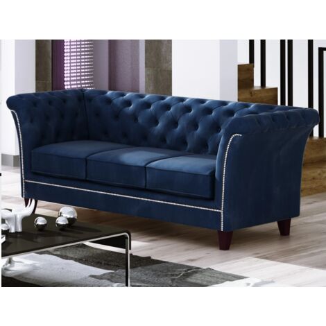 Larui - Chesterfield Sofa 3-Sitzer aus Blau Samt mit Holzfüßen