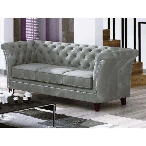 Larui - Chesterfield Sofa 3-Sitzer aus Grau Samt mit Holzfüßen