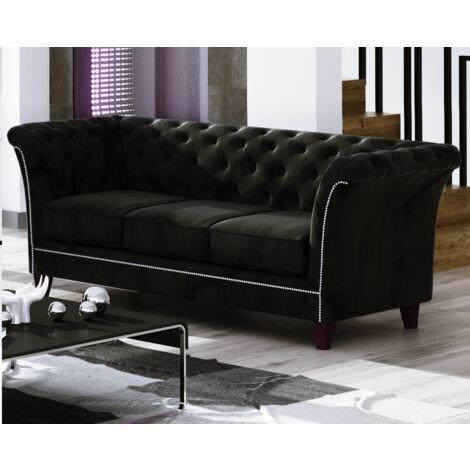 Larui - Chesterfield Sofa 3-Sitzer aus Schwarz Samt mit Holzfüßen
