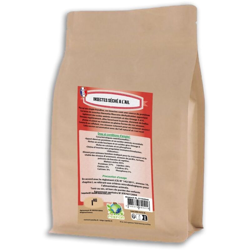 Insectes Séchés à Picorer Pour Volailles Larves De Mouche Soldat à L'ail Doypack 1kg Prefor