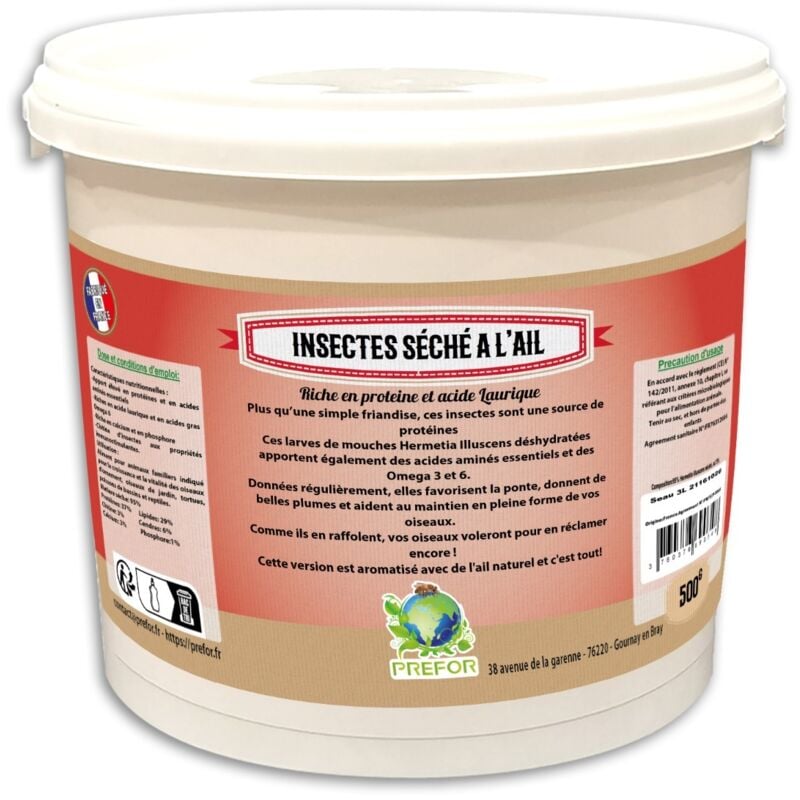 Insectes Séchés à Picorer Pour Volailles Larves De Mouche Soldat à L'ail Seau 500g Prefor