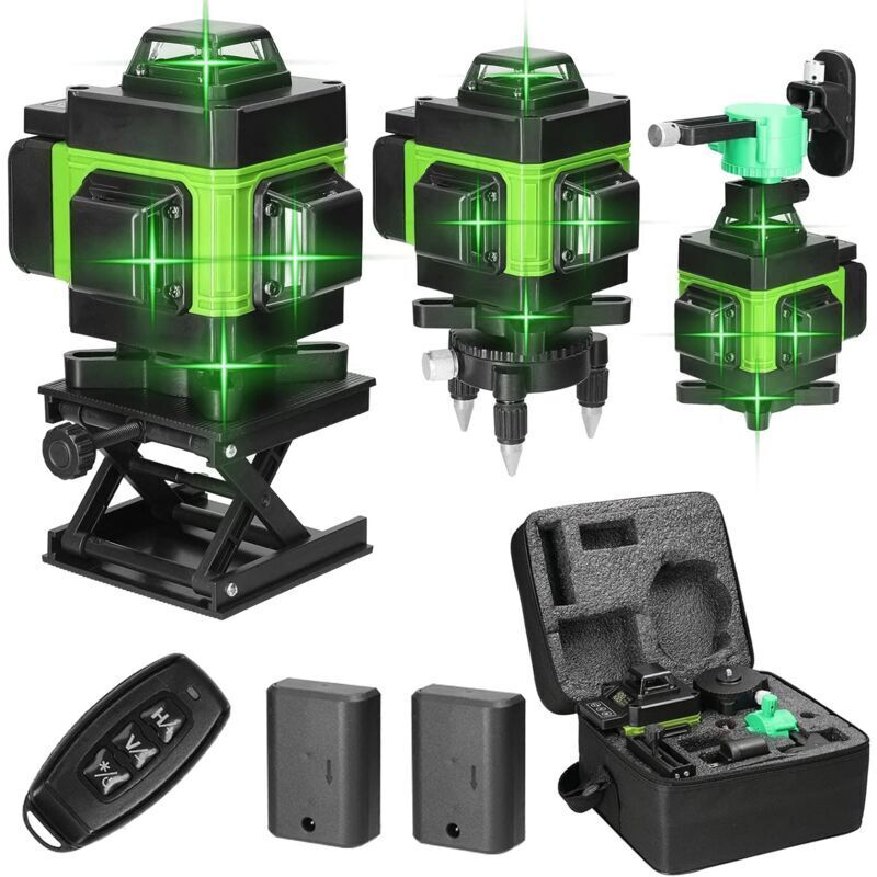 Laser Level, 4D Laser Spirit Level with 16 Lines, Horizontal and Vertical Laser Levels, Self-Leveling Tool with Auto-Leveling Function and 2 Built-in