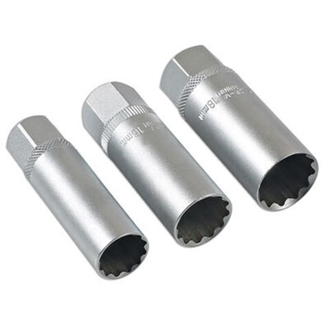 Laser Tools – Jeu de 3 douilles à bougies 14-16-18 mm – Paroi mince en acier chrome-vanadium – Accès facile dans espaces étroits – Carré d'entraînement 3/8