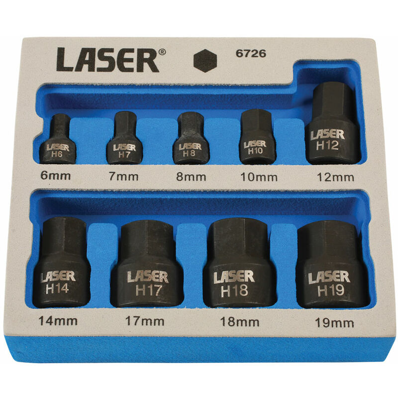 Laser Tools - Low Profile Impact Hex Socket Bit Set 1/4D, 3/8D 9pc 6726