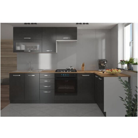 LASSEN Cuisine complete d'angle 240x165 cm avec plan de travail - Angles réversible - 8 éléments - Gris Matera