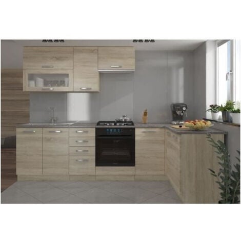 LASSEN Cuisine complete dangle 240x165 cm avec plan de travail - Decor chene sonoma