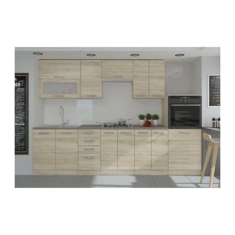 Lassen Cuisine complete l 300 cm avec demi-colonne four et hotte - Decor chene sonoma
