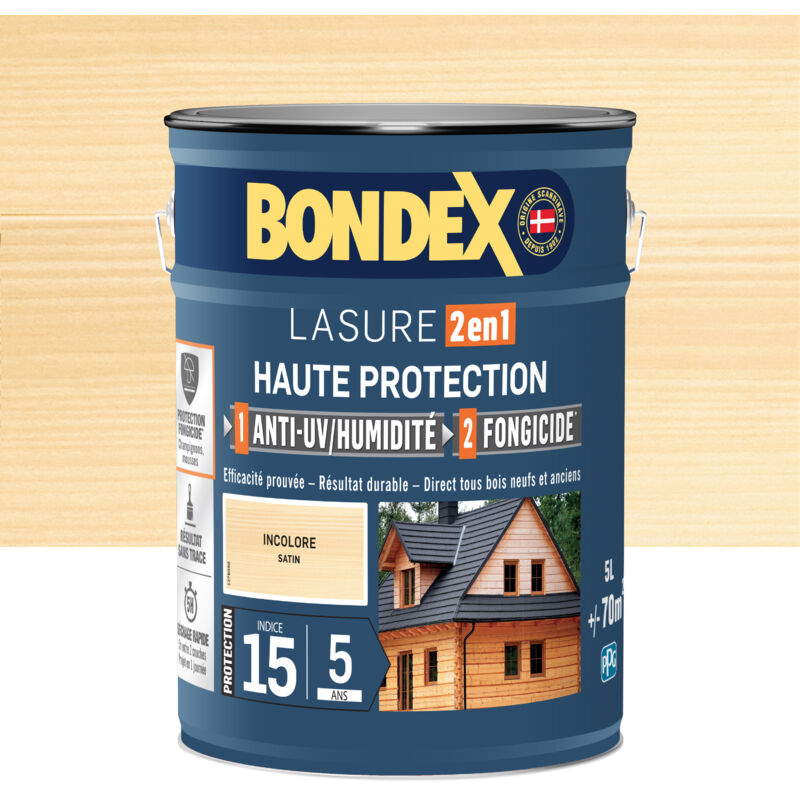 Bondex - Lasure 2 en 1 Haute Protection – Anti uv/ Anti Humidité – Fongicide Finition: Satiné - Couleur: Incolore - Conditionnement: 5L