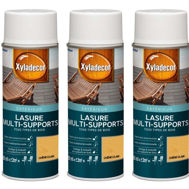 Lasure aérosol Multi-supports - Lot de 3 - Tous types de bois extérieur - Mat Chêne clair 400 mL Xyladecor
