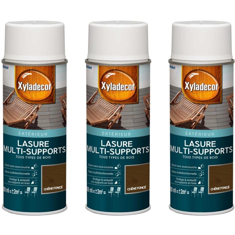Lasure aérosol Multi-supports - Lot de 3 - Tous types de bois extérieur - Mat Chêne foncé 400 mL Xyladecor