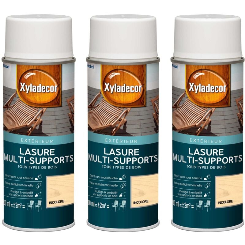 Lasure aérosol Multi-supports - Lot de 3 - Tous types de bois extérieur - Mat Incolore 400 mL Xyladecor