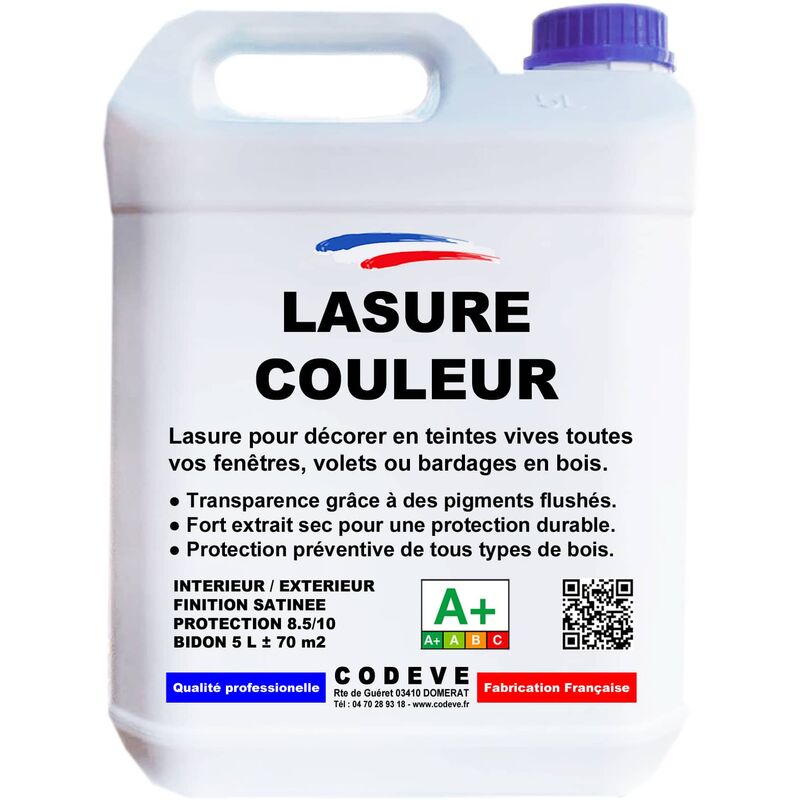 Lasure Bois Couleur - 5 l - Codeve Bois - Bleu - Pour La Protection En Couleurs Déco De Votre Bois Neuf Ou Ancien.