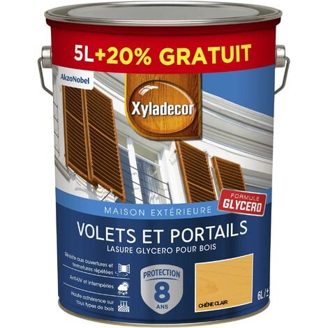 AKZO NOBEL Lasure protectrice glycéro pour bois extérieur - Volets et Portails - aspect satin chêne clair 6 L (5 L + 1 L gratuit) - Xyladecor