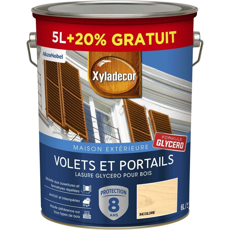Lasure protectrice glycéro pour bois extérieur - Volets et Portails - aspect satin incolore 6 l (5 l + 1 l gratuit) Xyladecor