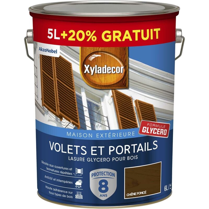 Lasure protectrice glycéro pour bois extérieur - Volets et Portails - aspect satin chêne foncé 6 l (5 l + 1 l gratuit) Xyladecor