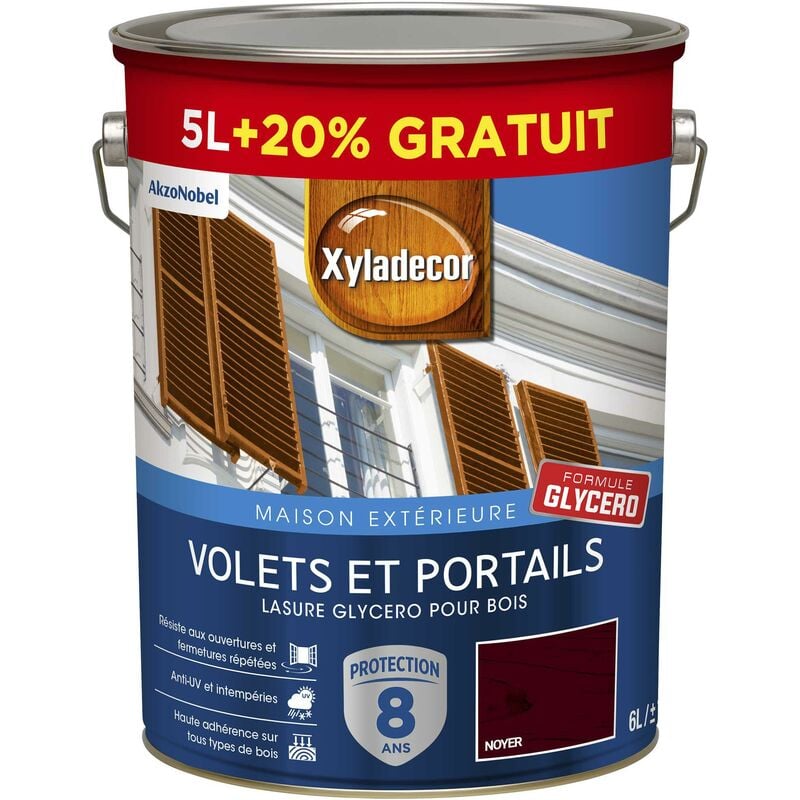Lasure protectrice glycéro pour bois extérieur - Volets et Portails - aspect satin noyer 6 l (5 l + 1 l gratuit) Xyladecor