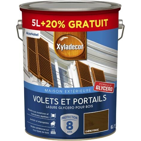 AKZO NOBEL Lasure protectrice glycéro pour bois extérieur - Volets et Portails - aspect satin chêne foncé 6 L (5 L + 1 L gratuit) - Xyladecor