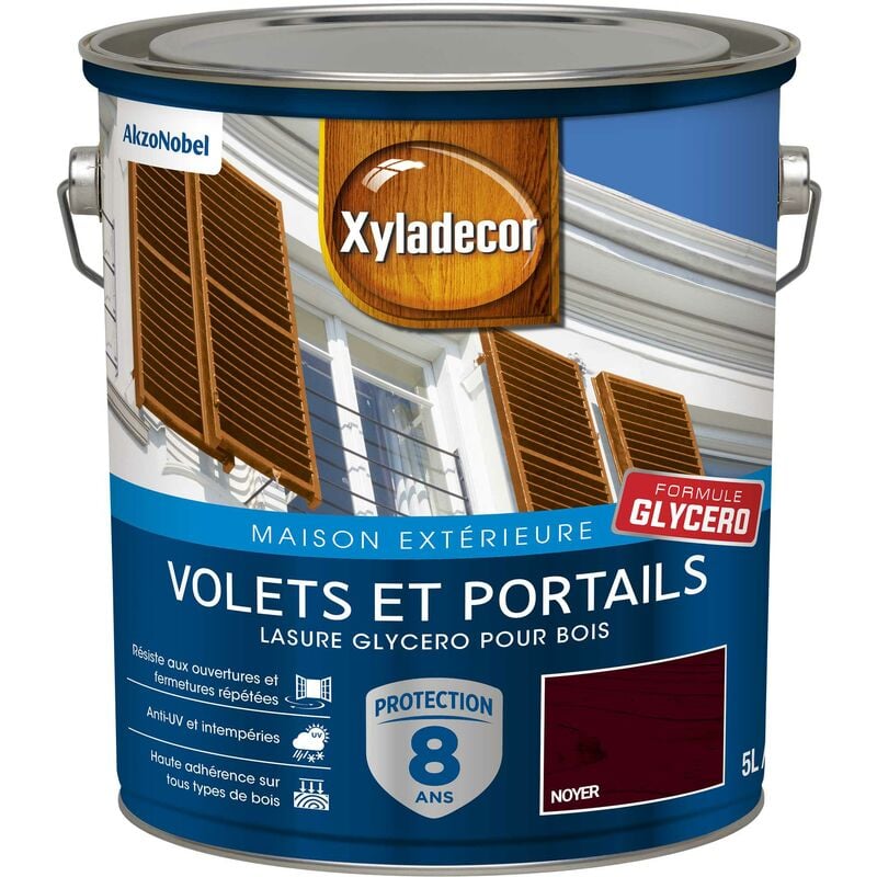 Lasure protectrice glycéro pour bois extérieur - Volets et Portails - aspect satin noyer 5 l Xyladecor