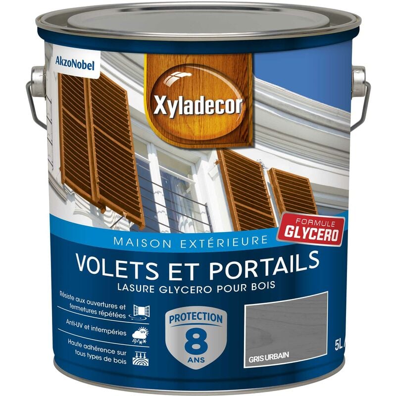 Xyladecor - Lasure protectrice glycéro pour bois extérieur - Volets et Portails - aspect satin gris urbain 5 l