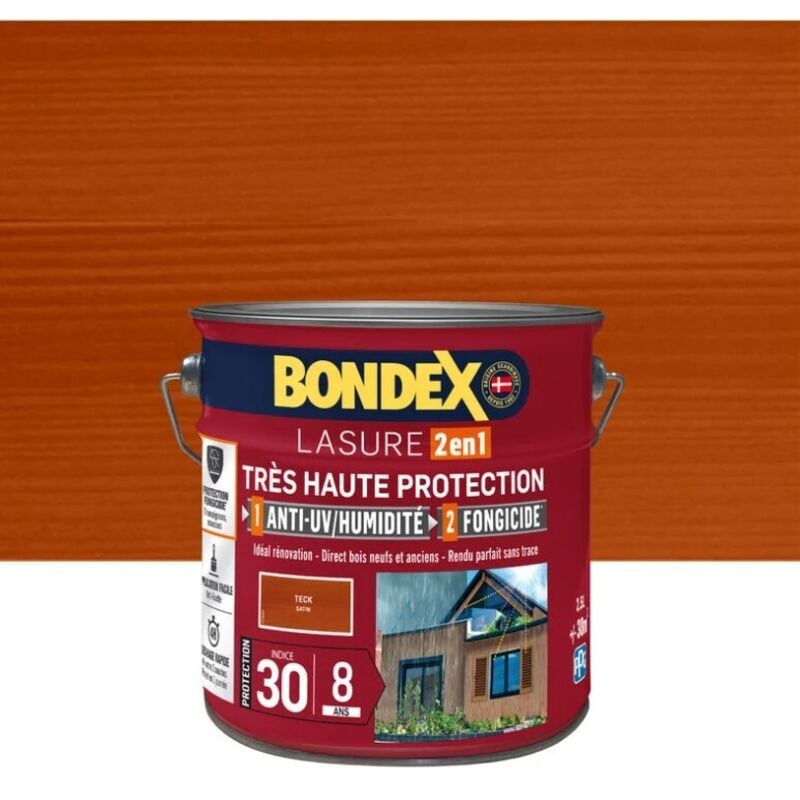 Lasure Très Haute Protection Satin 8 ans Finition: Satiné - Couleur: Teck - Conditionnement: 2.5L - Bondex