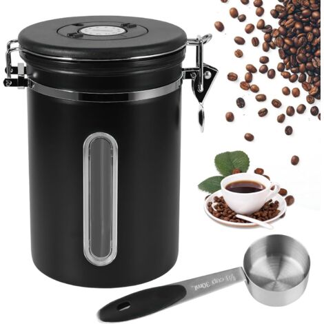 Lata de café hermética - Contenedor de café en grano de acero inoxidable de 1,8 l, recipiente de almacenamiento de café en grano al vacío con cuchara medidora, válvula de CO2 y fecha de caf (Negro)