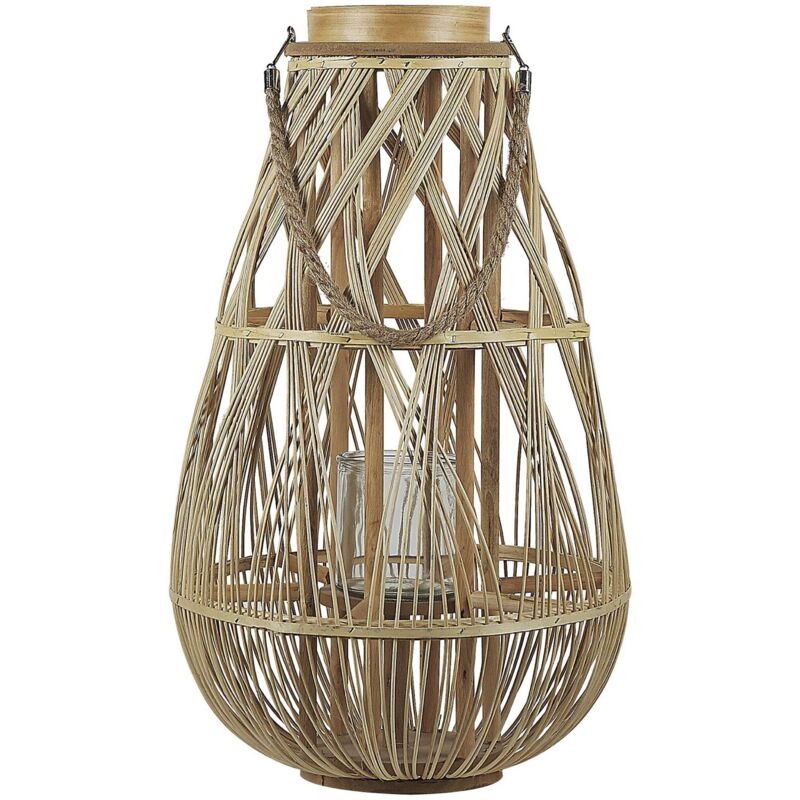 Beliani Laterne Hellbraun 56 Cm Aus Bambusholz Und Glas Mit Für Den Innen- Und Aussenbereich Dekoratiiv Gebogene Form Modern