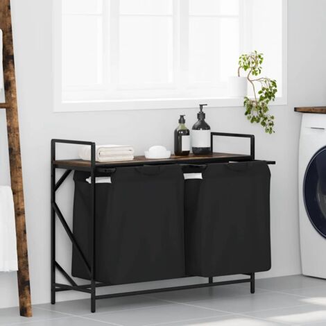Laundry Basket 2 Compartments with Shelf Smoked Oak vidaXL