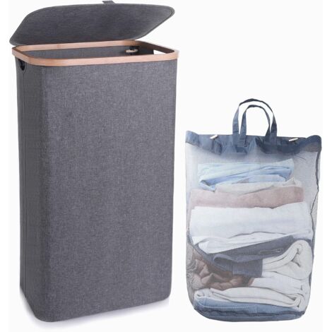 Laundry Hamper with Lid Gray 110L Laundry Hamper Fabric Laundry Hamper with Bamboo Handles for Clothes Dorm Room