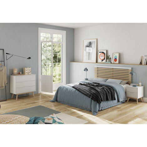 LAUPELL - Chambre 140x190cm avec Commode 3 Tiroirs Pin Naturel et Blanc Scandinave