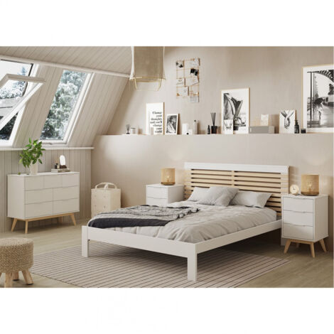 LAUPELL - Chambre 140x190cm avec Commode 7 Tiroirs Pin Naturel et Blanc Scandinave