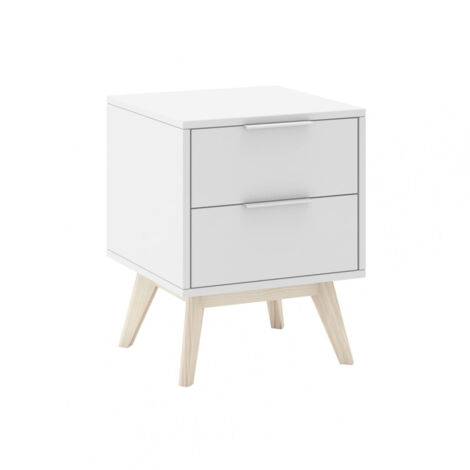 LAUPELL - Chevet Scandinave 2 Tiroirs Pin Massif Naturel et Blanc