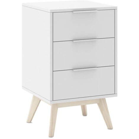 LAUPELL - Chevet Scandinave 3 Tiroirs Pin Massif Naturel et Blanc
