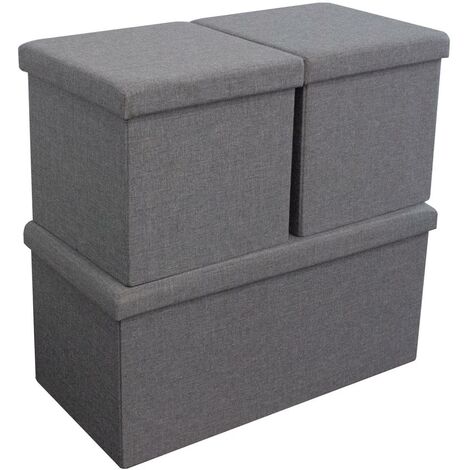 main image of "Laura 3x Collapsible Linen Ottoman Storage Box Seats - Grey - Grey"