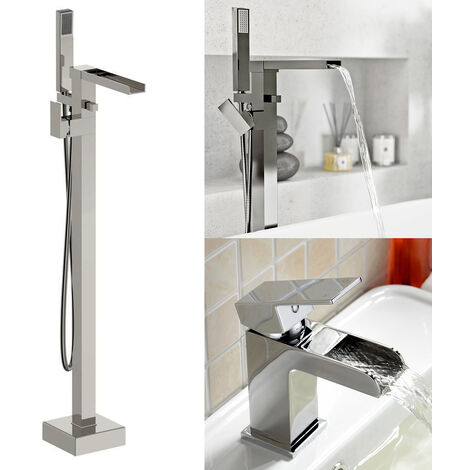 Laura Modern Freestanding Waterfall Bath Shower Mixer Tap With Handset Kit & Basin Mixer Tap + Waste