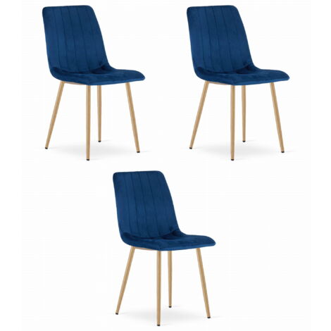 LAVA-Stuhl – marineblauer Samt / holzfarbene Beine x 3