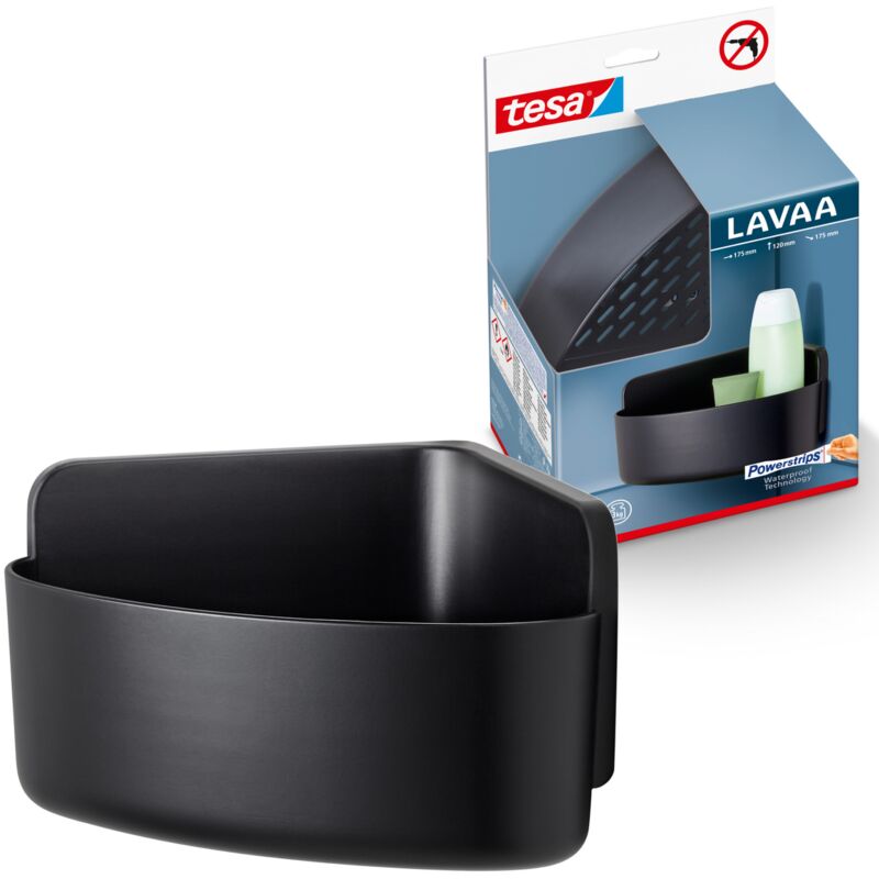 Tesa - Lavaa Panier de rangement d'angle pour salle de bains (s), Noir mat - Montage sans perçage avec Powerstrips Waterproof Strips xl inclus - 175